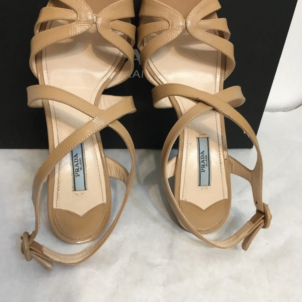 Prada Strappy Beige Patent Leather Platform Sandals Size 39 made in Italy - Picture 7 of 13